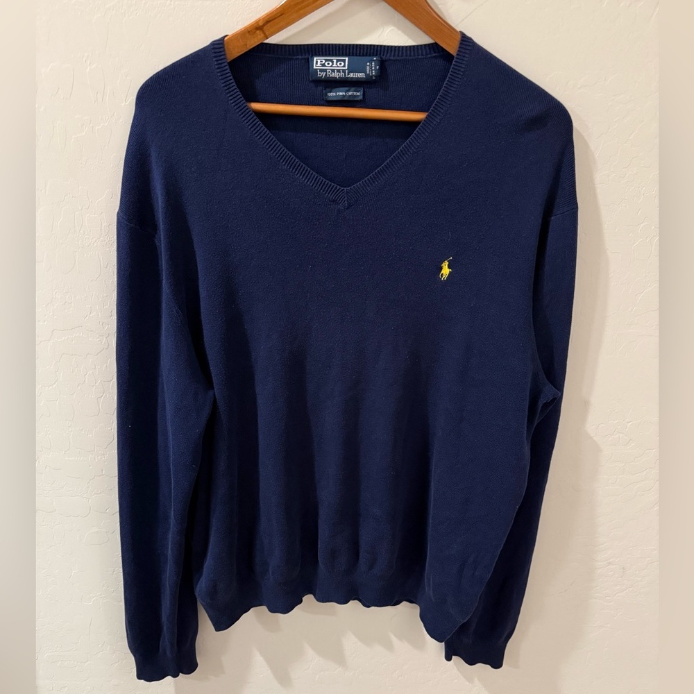 VINTAGE 90s Polo Ralph Lauren V-Neck Sweater Navy Blue XL 100% Pima Cotton Pony